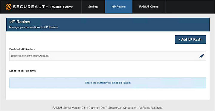 Screenshot of the SecureAuth RADIUS Server Settings dialog box, IdP Realms tab